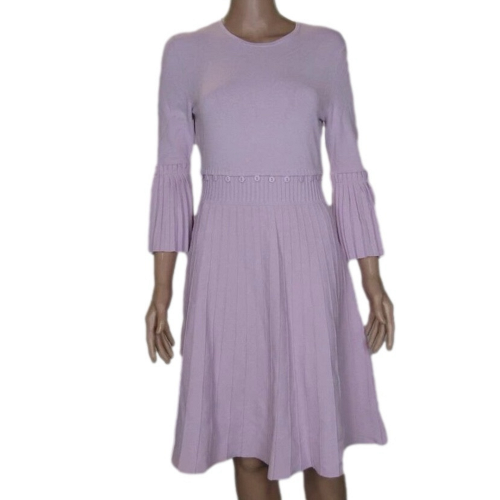 NEW LELA ROSE Womens Pleated Long Sleeve Fit & Flare Dress Size L Lavender